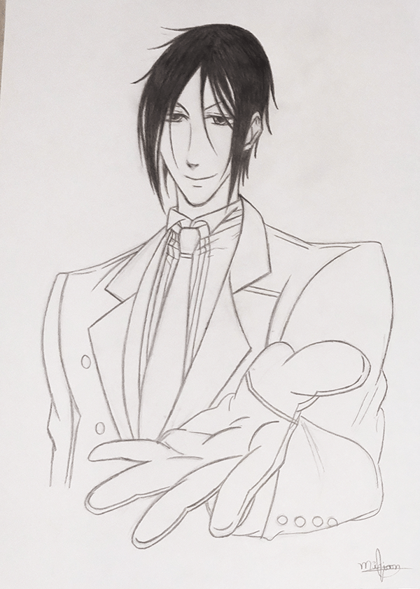 Pencil drawing of a butler in a suit